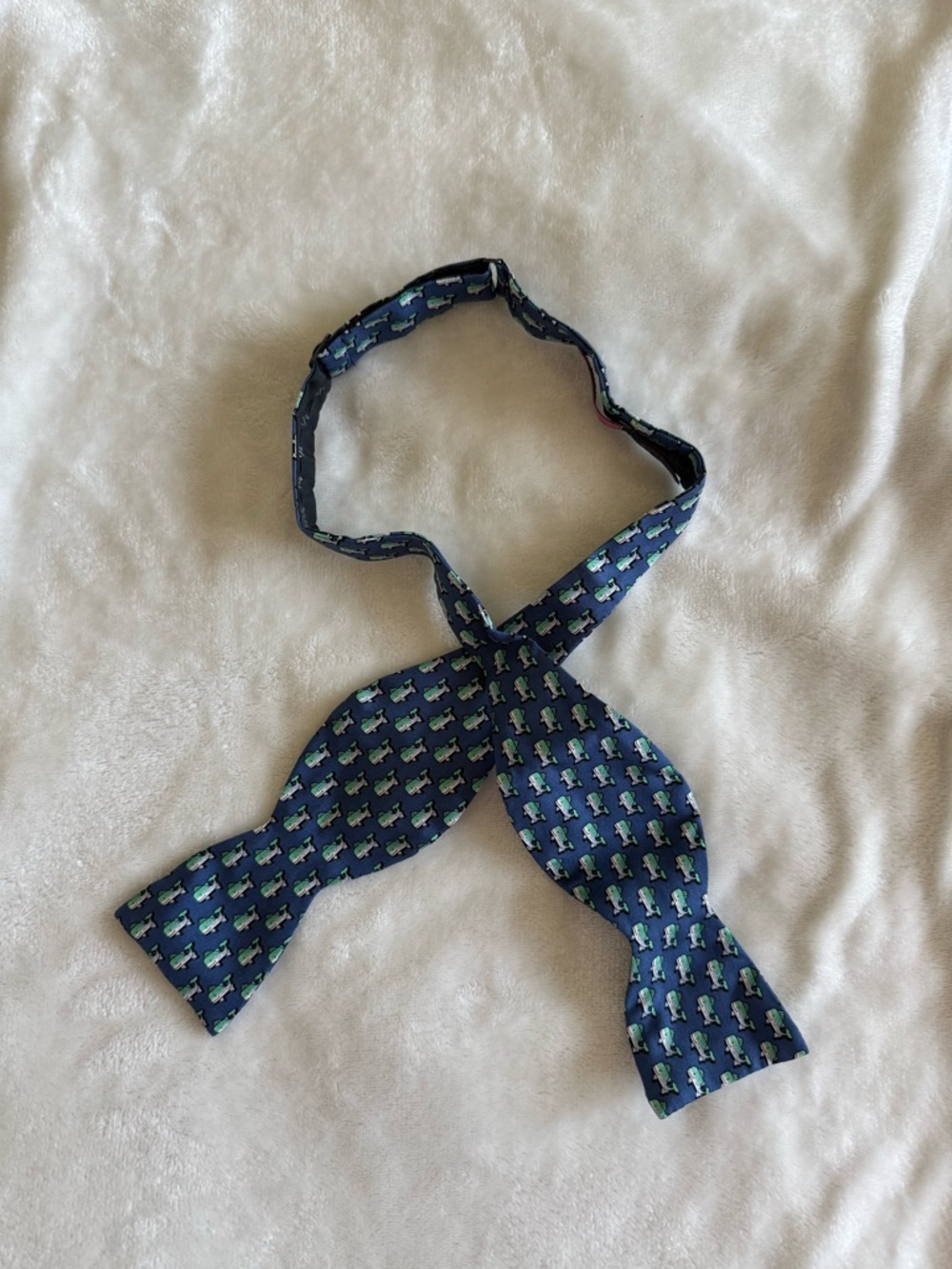 Vineyard Vines Navy Self-Tie Bow Tie with Green Whale Motif